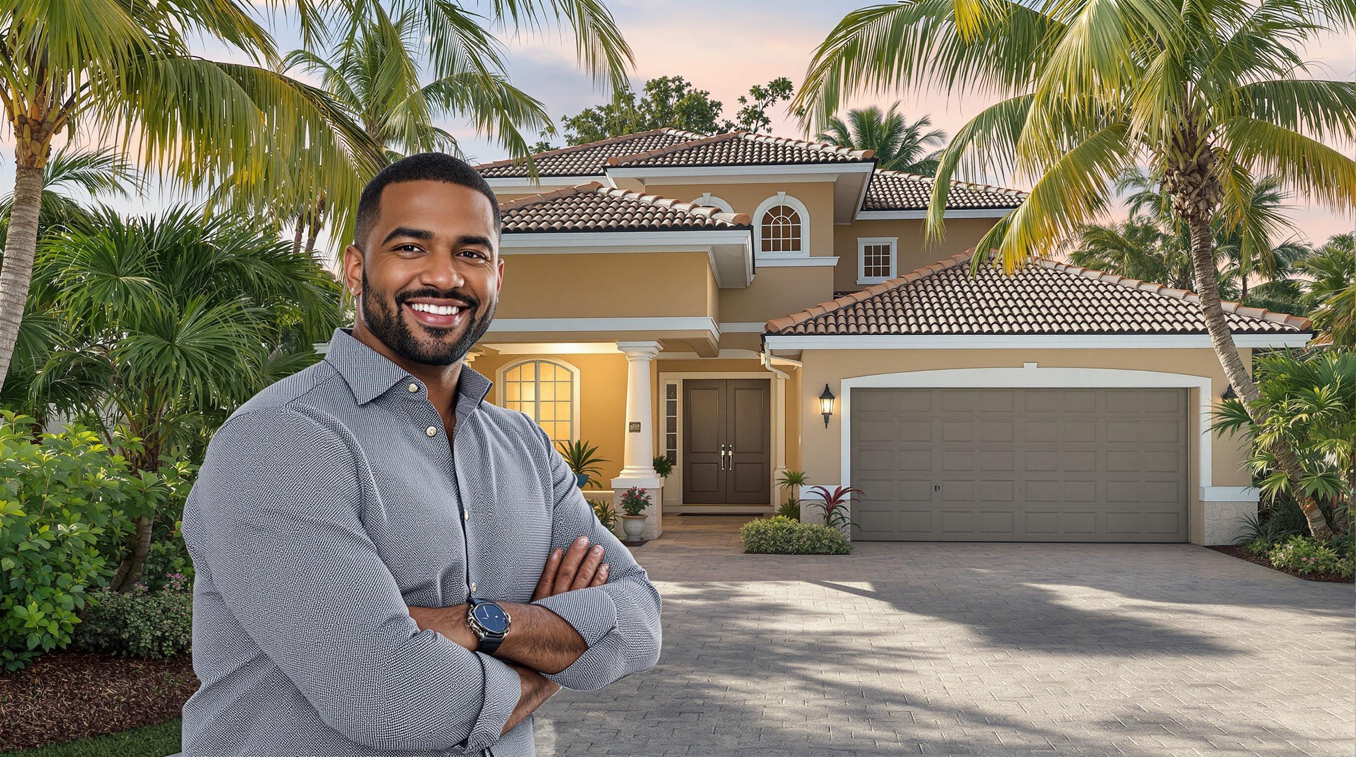 Real Estate Agent in Florida a real estate agent standing in front of a house in Florida, with palm trees in the background.