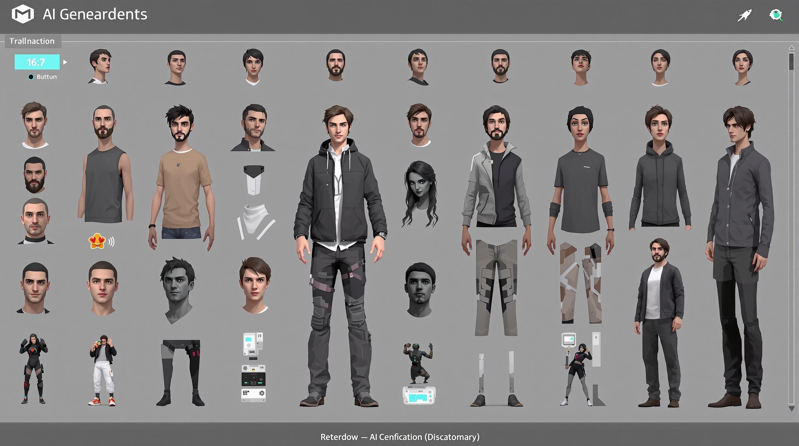 Detailed visual breakdown of AI-generated character elements, including diverse facial features, body types, clothing styles, and emotional expressions, set in a modern digital workspace, clean and professional style, 16:9 aspect ratio