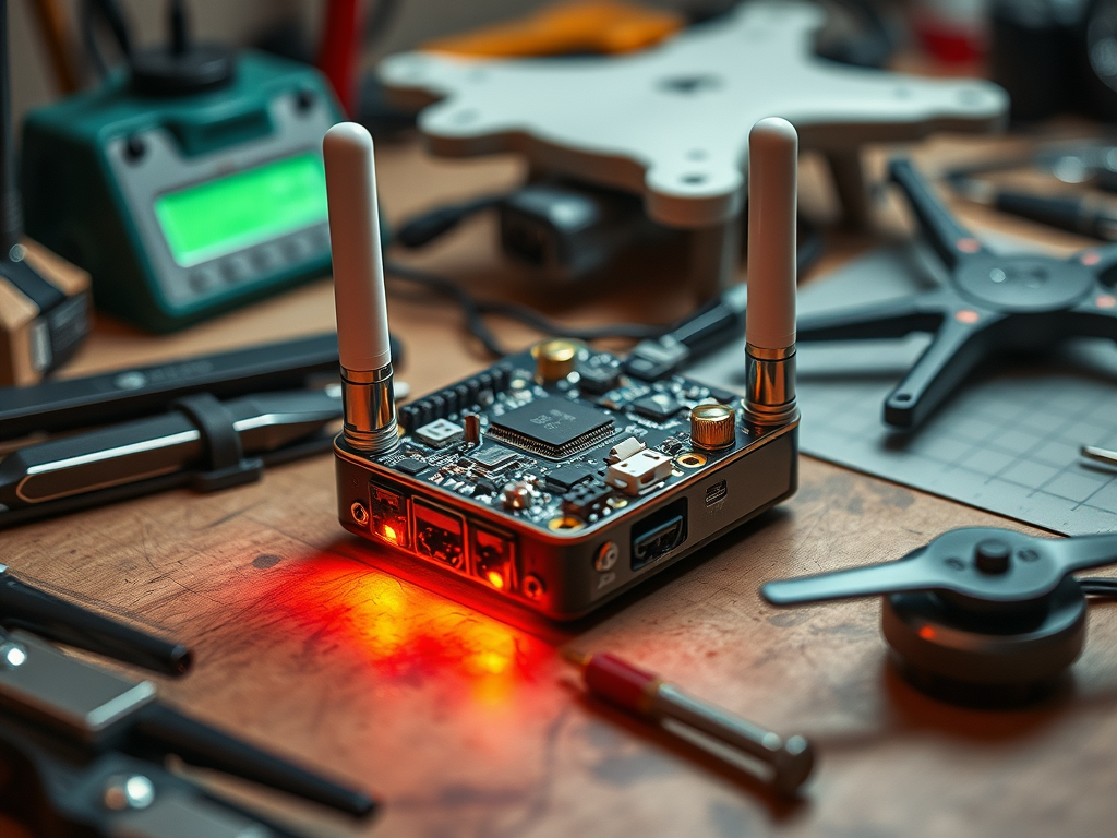 Create a realistic image of a small electronic device with antennas, resembling a video transmitter for a drone, placed on a workbench with soldering equipment and drone parts in the background, well-lit to show intricate details of the transmitter's circuits and connections.