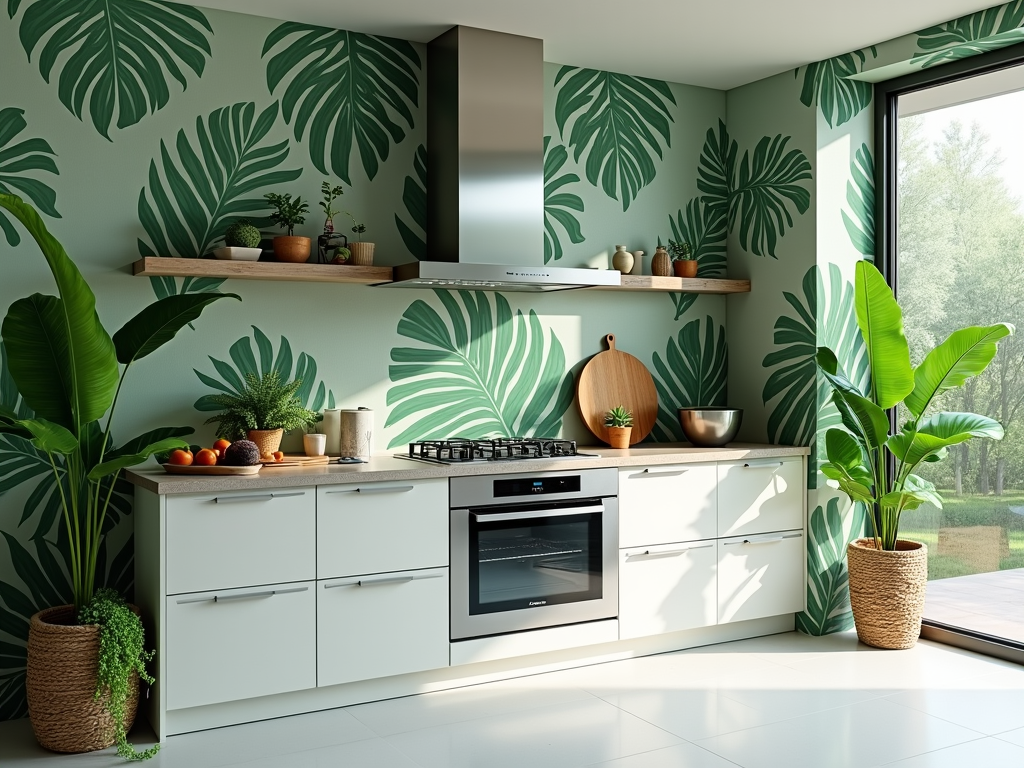 Transform Your Space: Tropical Kitchen with Palm Leaf Wallpaper