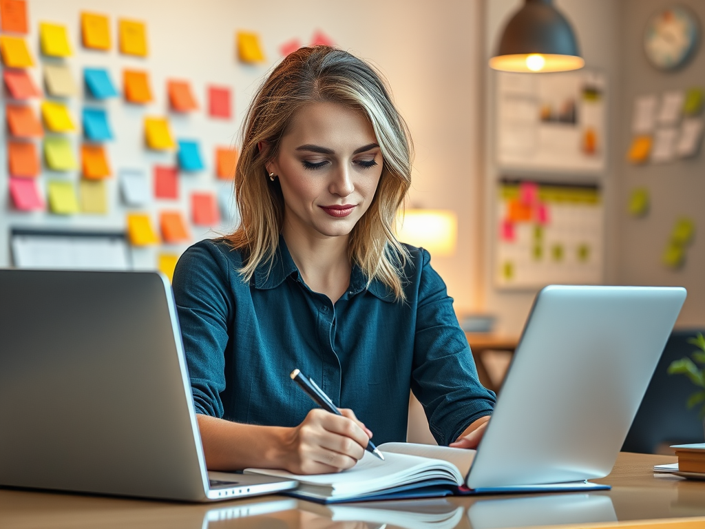 Create a realistic image of a white female professional in her 30s sitting at a desk with a laptop, surrounded by colorful sticky notes on a wall, a planner, and a calendar. She's writing in a notebook with a determined expression. The background shows a modern office space with warm lighting, creating a productive atmosphere.