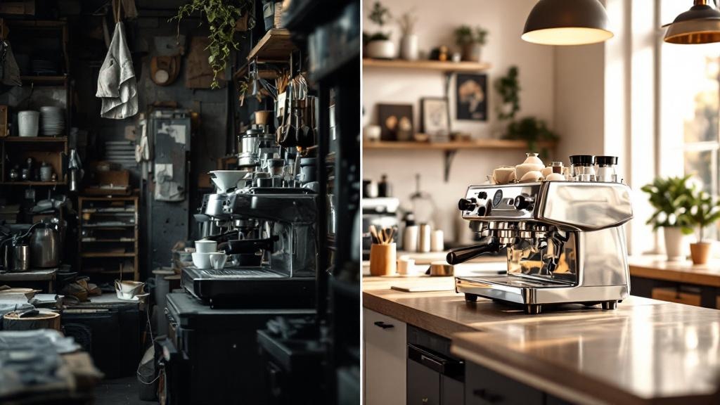 Café equipment upgrade showing old versus modern machines