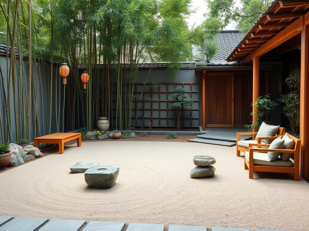 Zen Garden Patio: "Visualize a serene Zen garden patio with a rock garden, bamboo plants, and a small water feature. Use minimalist furniture made of natural materials. Incorporate elements like lanterns and a meditation area for tranquility."