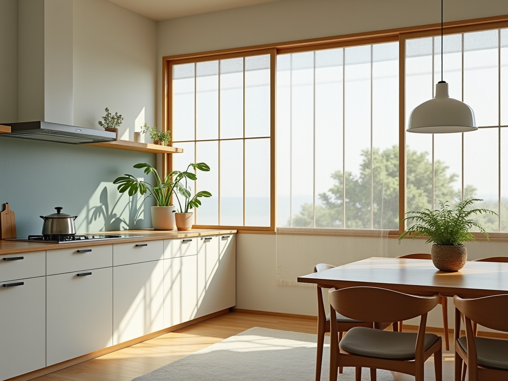 Serene Coastal Japanese Minimalist Kitchen with Shoji Screens