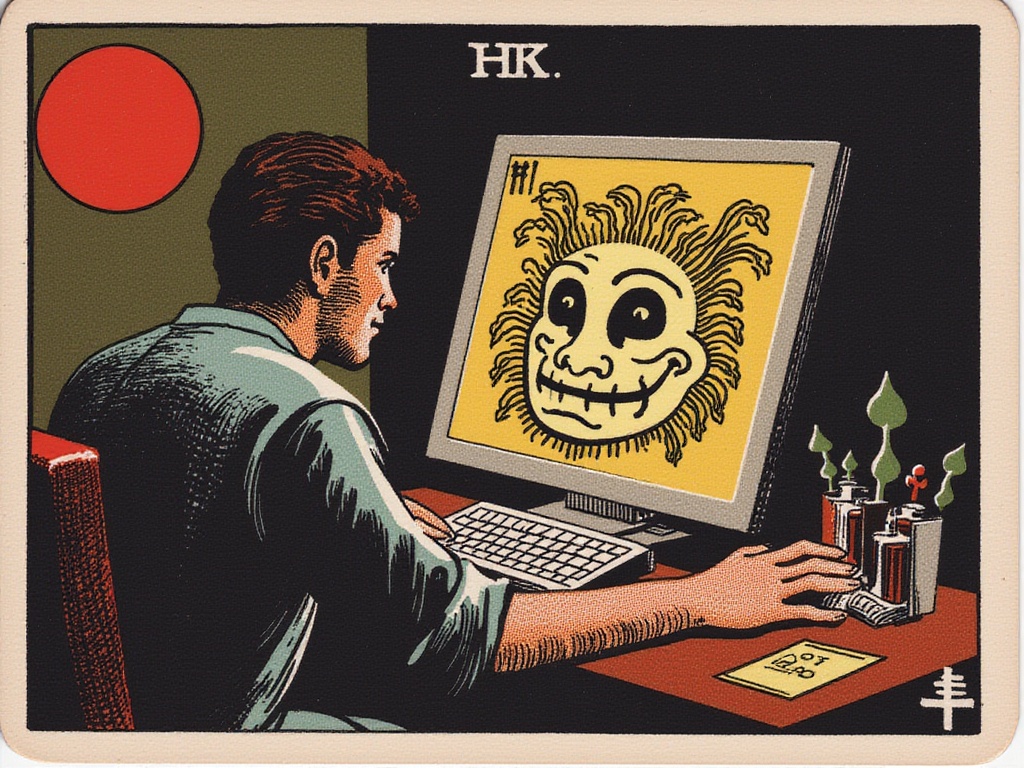 a trtcrd of a person on a computer, on the computer you see a meme being made with an ancient looking trollface, "the shitposter" arcana, in the style of TOK a trtcrd, tarot style