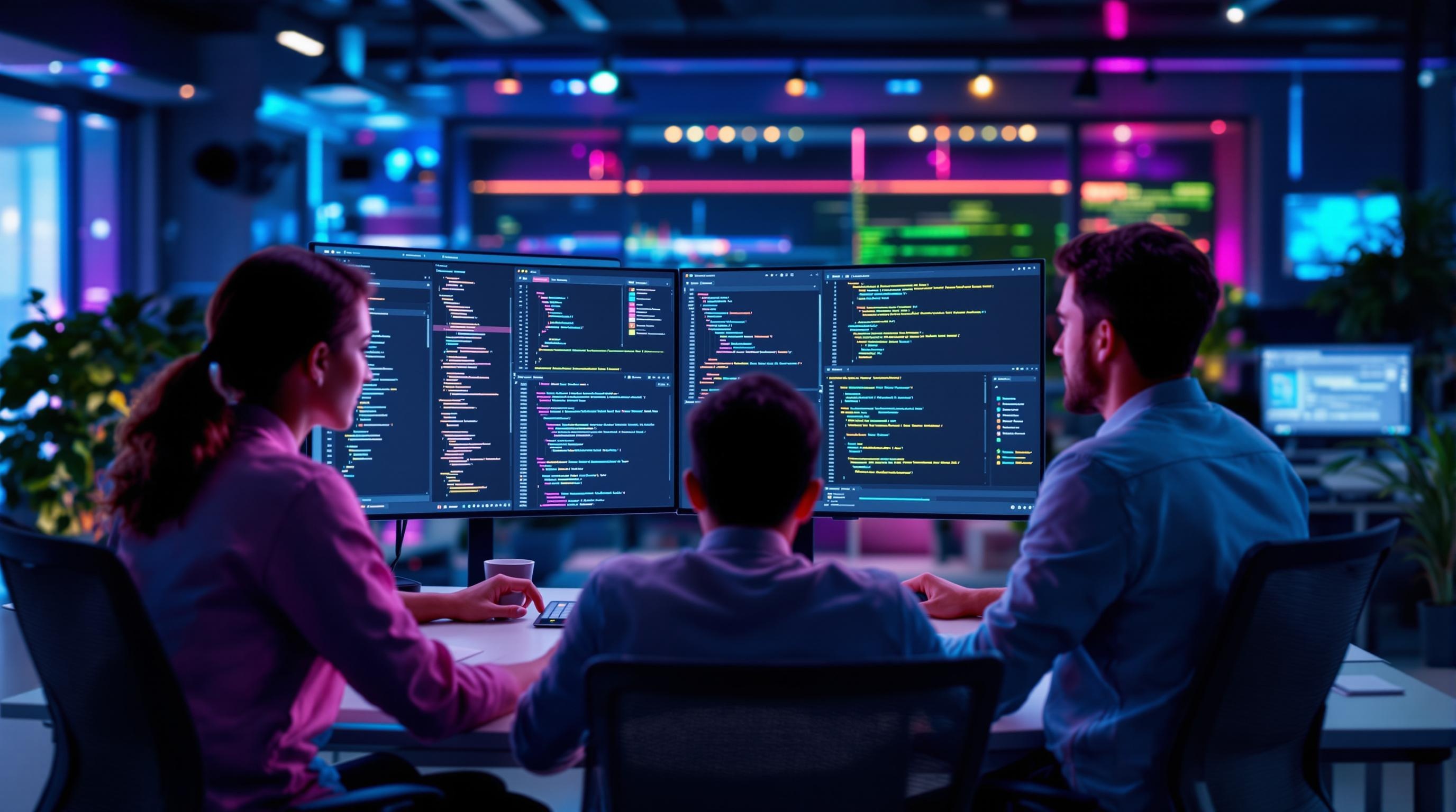 Futuristic concept art illustrating AI algorithms analyzing code streams with predictive analytics visuals, abstract neural networks, and seamless integration between automated code review and testing tools, sleek and modern style, 16:9 aspect ratio