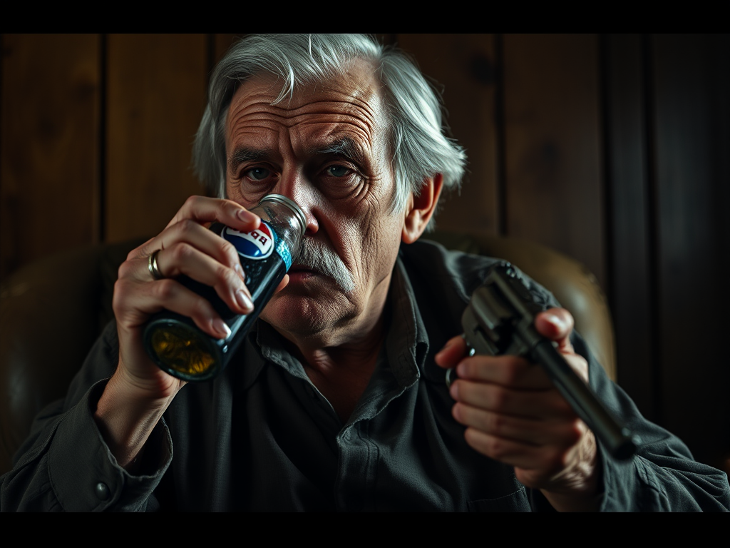 old man drinking Pepsi while holding a pistol in his other hand