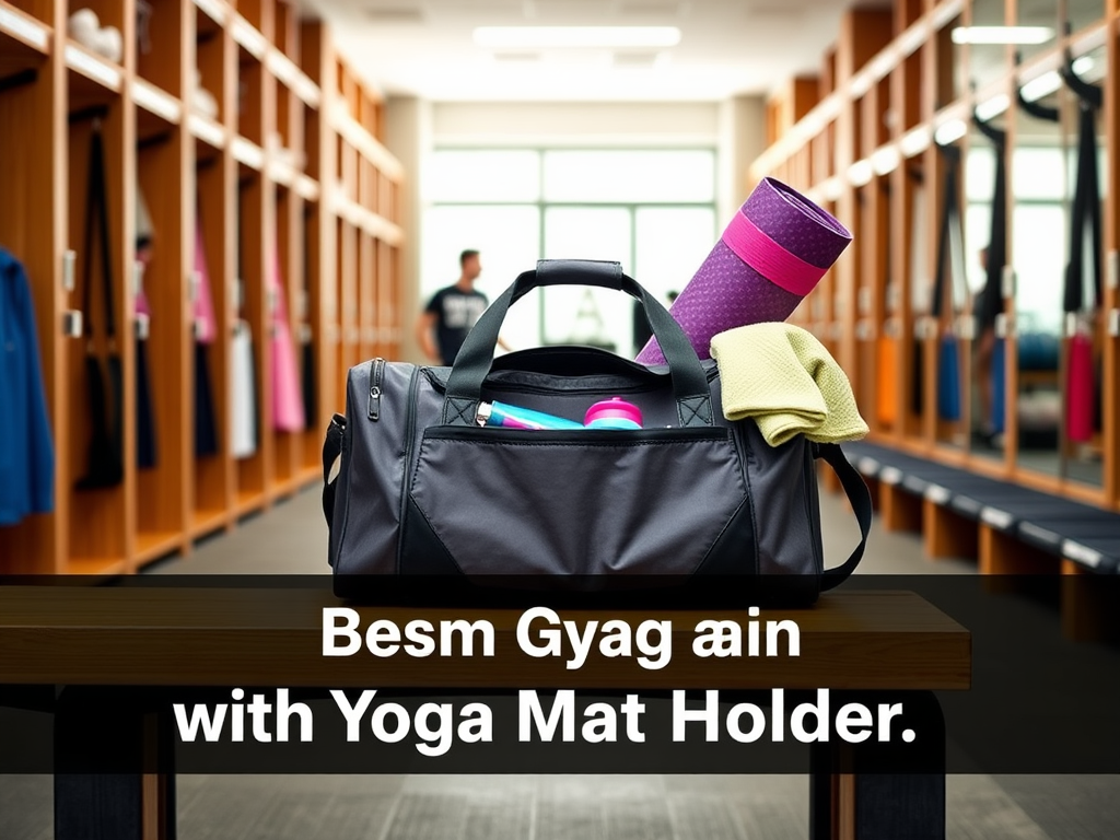 Create a realistic image of a stylish gym bag with a visible yoga mat holder, placed on a wooden bench in a bright, modern gym locker room, with fitness equipment visible in the background. The bag should be open, revealing neatly organized gym essentials inside. A water bottle and towel are placed next to the bag. Text overlay: "Best Gym Bag with Yoga Mat Holder".