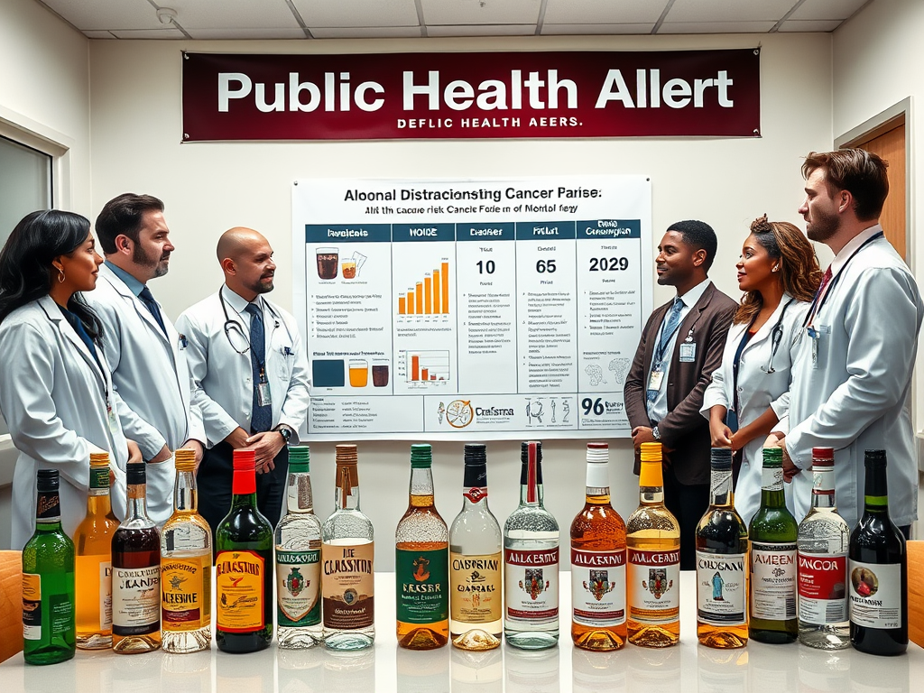 Create a realistic image of a diverse group of medical professionals, including white and black males and females, standing in a hospital conference room, examining a large chart displaying alcohol consumption statistics and cancer risk data, with a prominent "Public Health Alert" banner visible above them, and a table in the foreground showcasing various alcoholic beverages with new warning labels affixed to their bottles.