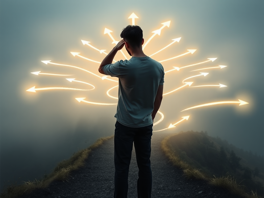 Someone standing with their hand on their head, looking at arrows pointing in different directions ahead of them all branching from one pathway along the ground, the person should be facing in the direction of the arrows