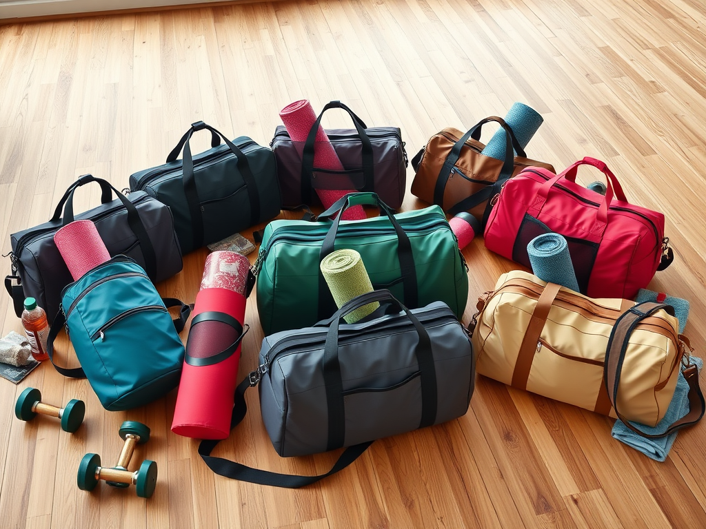 Create a realistic image of a collection of high-quality gym bags with built-in yoga mat holders, arranged on a wooden gym floor. The bags should be in various colors and styles, with visible yoga mats attached. Include dumbbells, water bottles, and towels scattered around to enhance the gym context.