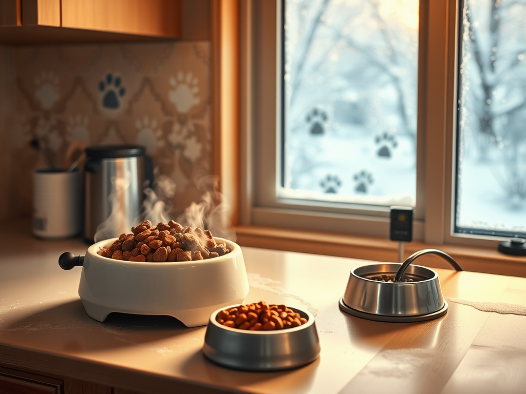 Create a realistic image of a cozy kitchen with a steaming bowl of dog food on the counter, a water bowl with a heating element attached, and a dog's paw prints visible on a snow-covered window in the background. Warm lighting illuminates the scene, emphasizing the contrast between the cold outside and the warmth inside.