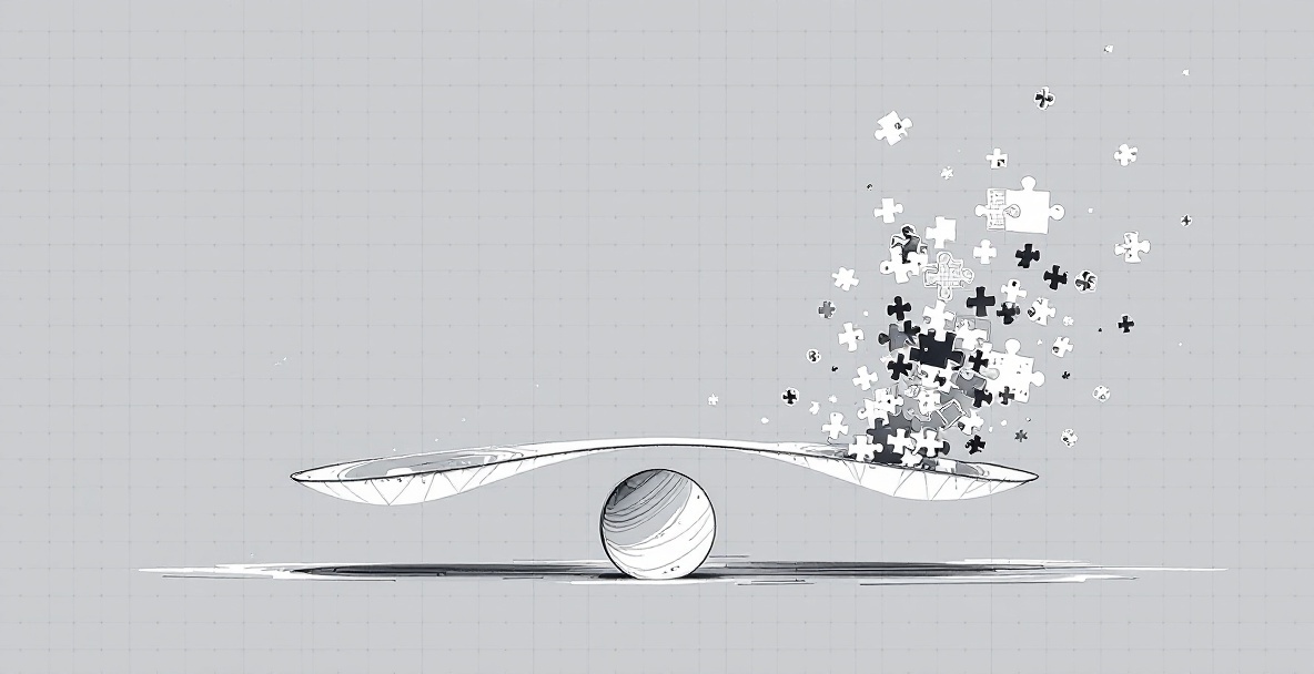 Minimalistic sketch of a balance scale with speed and personalization symbols, set against a grid background.