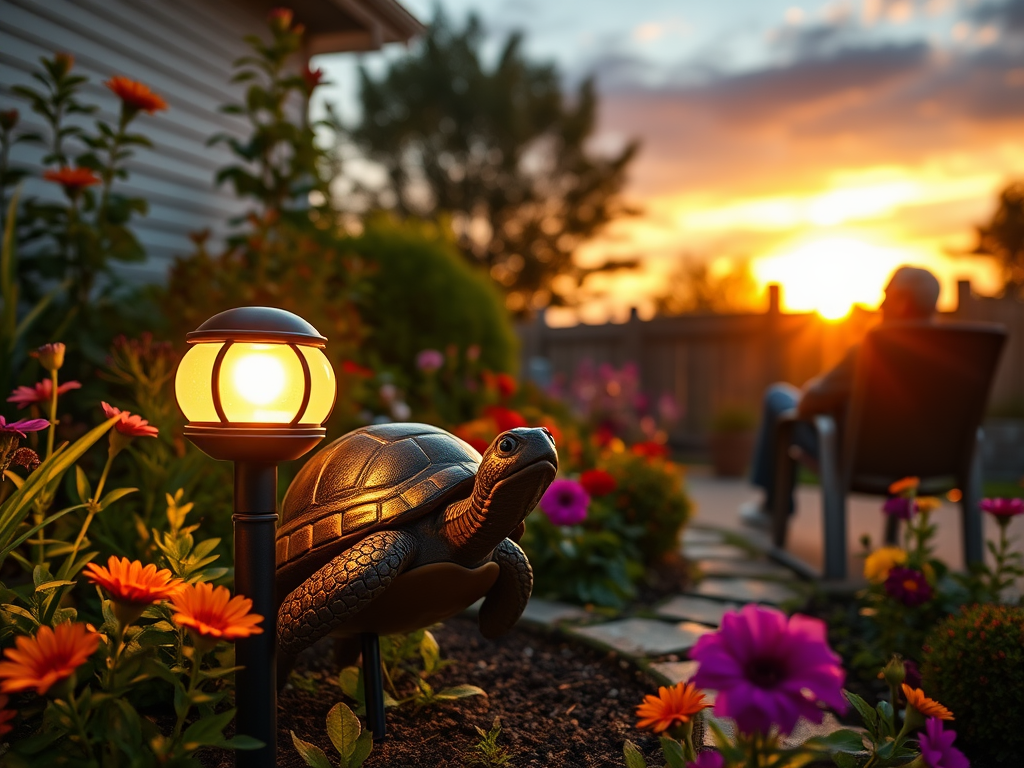 Create a realistic image of a vibrant garden at sunset with a solar-powered turtle-shaped garden light emitting a warm glow, surrounded by lush plants and colorful flowers, with a satisfied homeowner admiring the scene from a patio chair in the background.