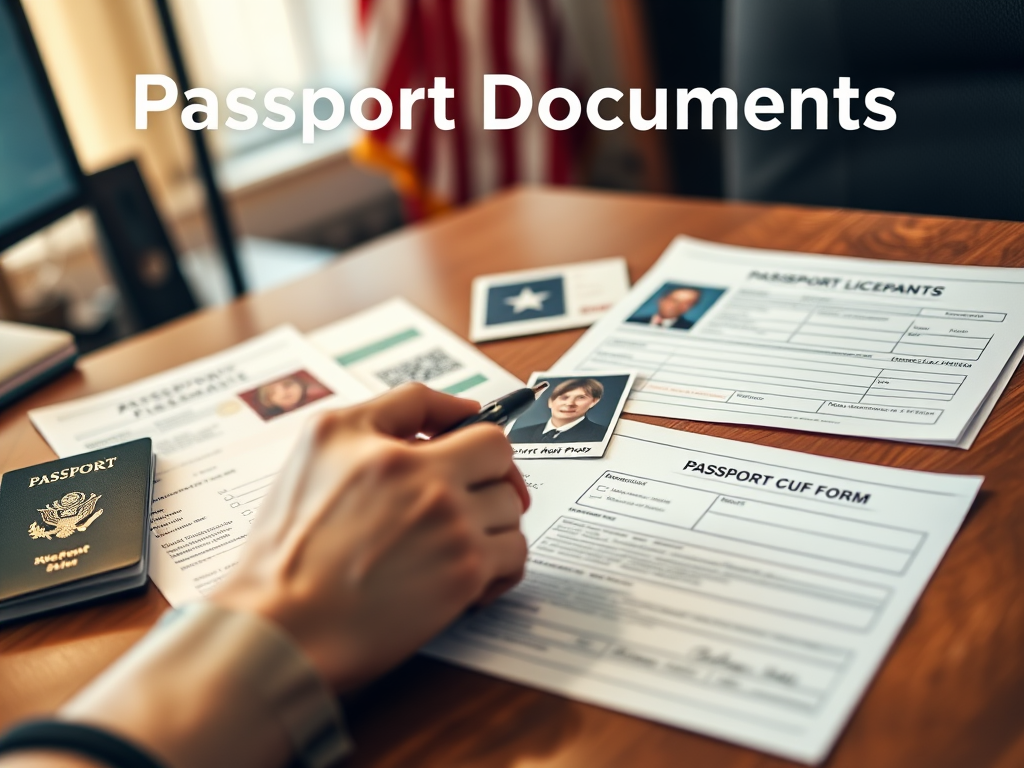 Create a realistic image of a passport application process scene with a desk showcasing essential documents spread out, including a birth certificate, driver's license, passport photo, and DS-11 form. Include a hand holding a pen, ready to fill out the form. In the background, show a blurred American flag. Add warm, office-like lighting to the scene. Include the text "Passport Documents" in a clear, readable font at the top of the image.