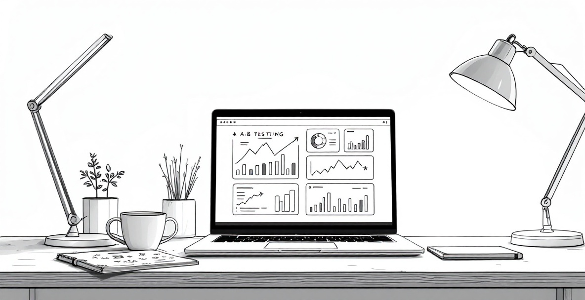 Minimalist workspace with a laptop showing A/B test results, surrounded by graphs, coffee cup, and notepad.
