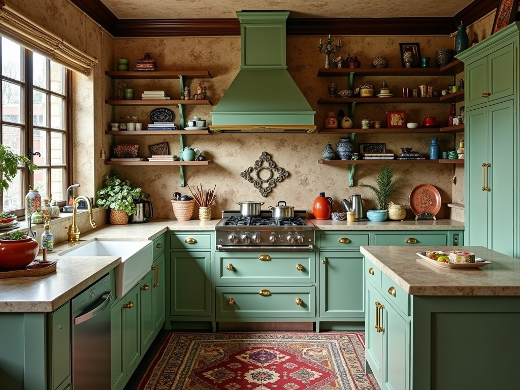 Maximalist Chic: Sage Green Cabinets with Brass Hardware