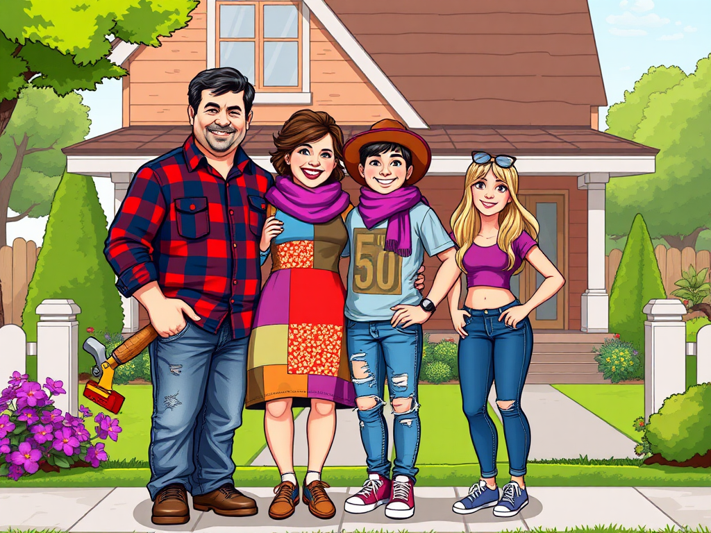 family image nuclear family (4 people)with a Mum, Dad, with young adult Son and Daughter in cartoon format Dad- tallest bigger build. age 50 small amount of dark receding hairline, builder. Wearing a checkered shirt and jeans. Mum: 50 years old, short and slightly bigger build, soft features, funky colorful clothing and a scarf with a hat; Son who is tall 2nd tallest in family, slim build age 20, casual clothing. Daughter; 3rd tallest, age 18, blonde/brown hair, jeans and a tight t-shirt)