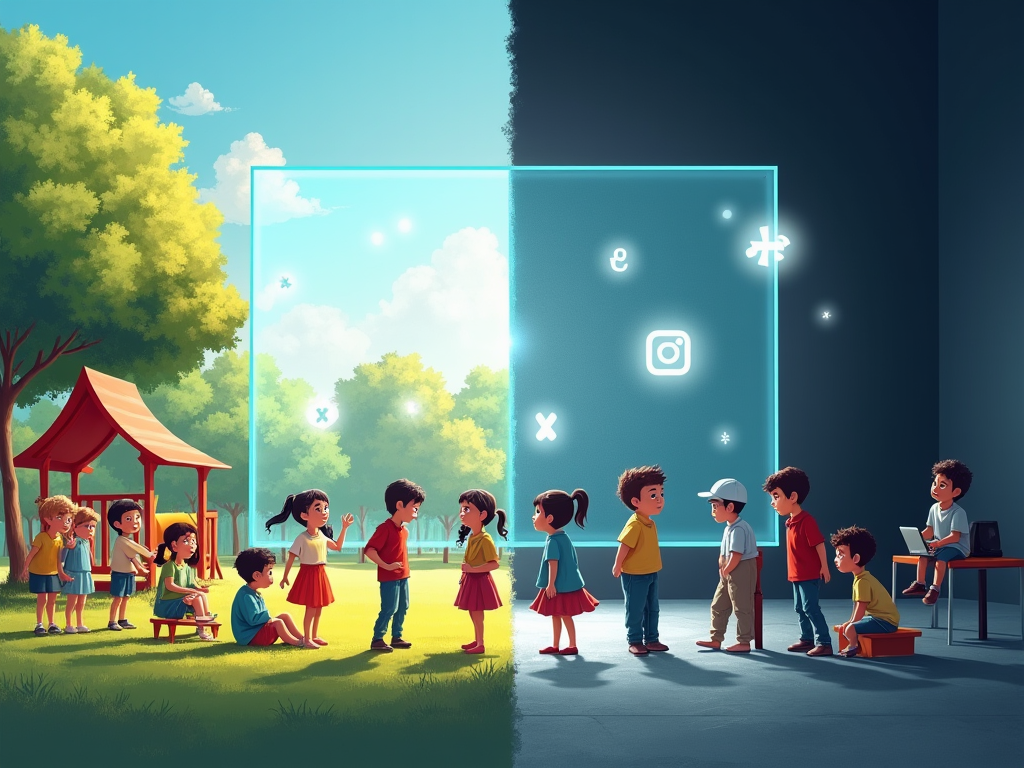 Visualize a thought-provoking and starkly contrasting scene to represent the digital divide and the proposed social media ban for children under 16 in Australia. The image is divided into two distinct halves. On the left, depict a vibrant, colorful playground filled with children of diverse backgrounds joyfully interacting, playing with physical toys, and engaging in face-to-face conversations under a bright, sunny sky. This side should radiate warmth and happiness, using a palette of bright greens, blues, and yellows. On the right, illustrate a cold, monochrome environment where children sit isolated, eyes glued to glowing screens in a dark, shadowy room, symbolizing the isolation brought by excessive social media use. This side should use a palette of grays and muted blues, highlighting the stark contrast between the two worlds. The central focus is a large, translucent digital screen acting as the divider between the two scenes, with ghostly digital icons (like Instagram, TikTok, Facebook, and X logos) floating on it, slightly blurring the view of the playground. This artistic representation should be rendered in a digital painting style, emphasizing sharp contrasts and emotional depth, to evoke discussions on the impact of social media bans on youth and the importance of preserving child interactions in the real world.