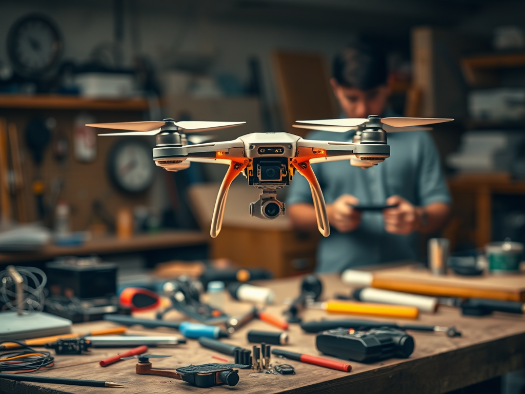 Create a realistic image of a completed DIY drone hovering above a workbench strewn with tools and electronic components, with a blurred figure in the background adjusting settings on a remote control, all bathed in warm, workshop lighting to convey a sense of accomplishment and the culmination of the building process.