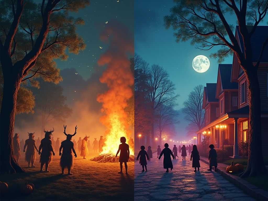 Visualize a mystical and atmospheric cover image for the paper titled 'From Samhain to Spooktacular: The Evolution of Halloween Through Cultures and Ages'. The artwork should feature a split-scene design: one side depicting ancient Samhain celebrations with Celts gathered around a massive bonfire under a starry night sky, wearing primitive costumes made of animal hides and masks. They should be positioned in an ancient forest, with ethereal mists swirling around. The other side should show a modern Halloween street scene in the U.S. with children and adults in contemporary costumes trick-or-treating among elaborately decorated houses with jack-o'-lanterns and festive lights. The transition between the ancient and modern should be seamless, symbolizing the evolution of the holiday. The color palette should blend from earthy tones (browns, greens, and oranges) on the ancient side to vibrant modern hues (purples, blacks, and oranges) on the contemporary side. The art style should be a blend of realistic and fantastical elements, capturing a sense of timelessness and magic. Emphasize a mood of enchantment and mystery, with dynamic lighting coming from the bonfire on the ancient side and street lights and pumpkins on the modern side, creating a visually rich and evocative contrast.