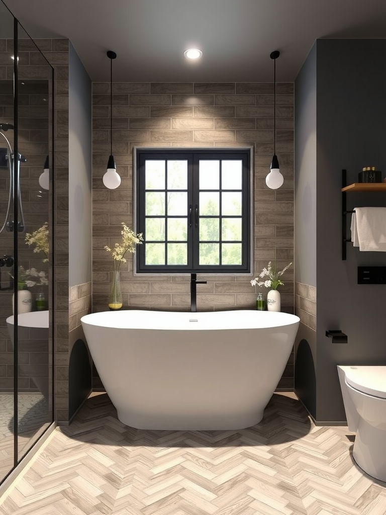 Contemporary Bathroom with Herringbone Flooring