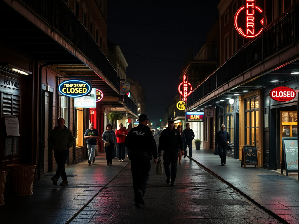 Create a realistic image of Bourbon Street in New Orleans at night, with fewer tourists than usual walking along the dimly lit street. Show closed shops and bars with "Temporarily Closed" signs in the windows. Include a visible police presence with two officers patrolling the area. Capture a somber mood with muted neon lights reflecting on wet pavement, emphasizing the impact on tourism after a violent incident.