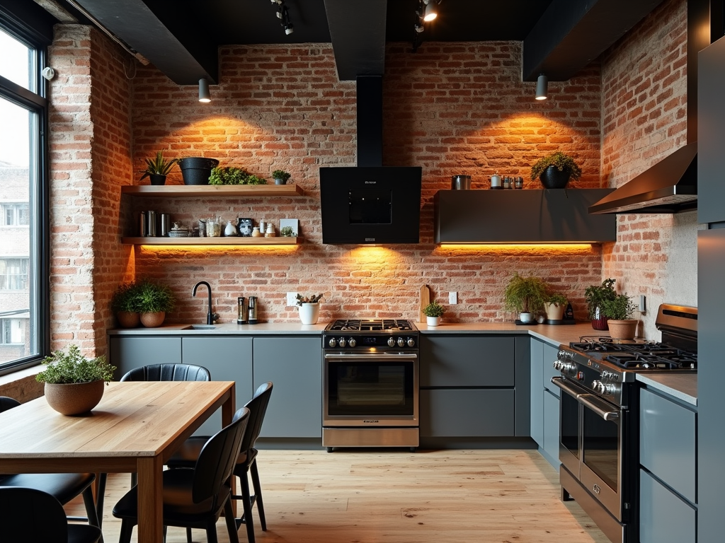 Sleek Urban Loft Kitchen with Exposed Brick Charm