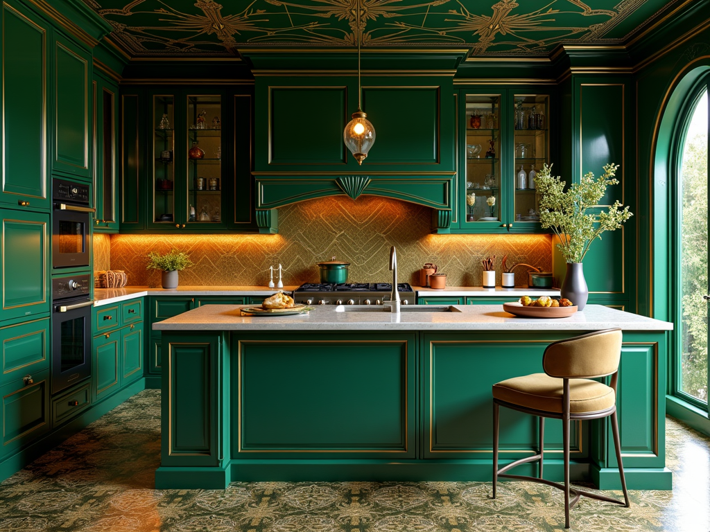 Glamorous Art Deco Kitchens with Gold and Green Touches