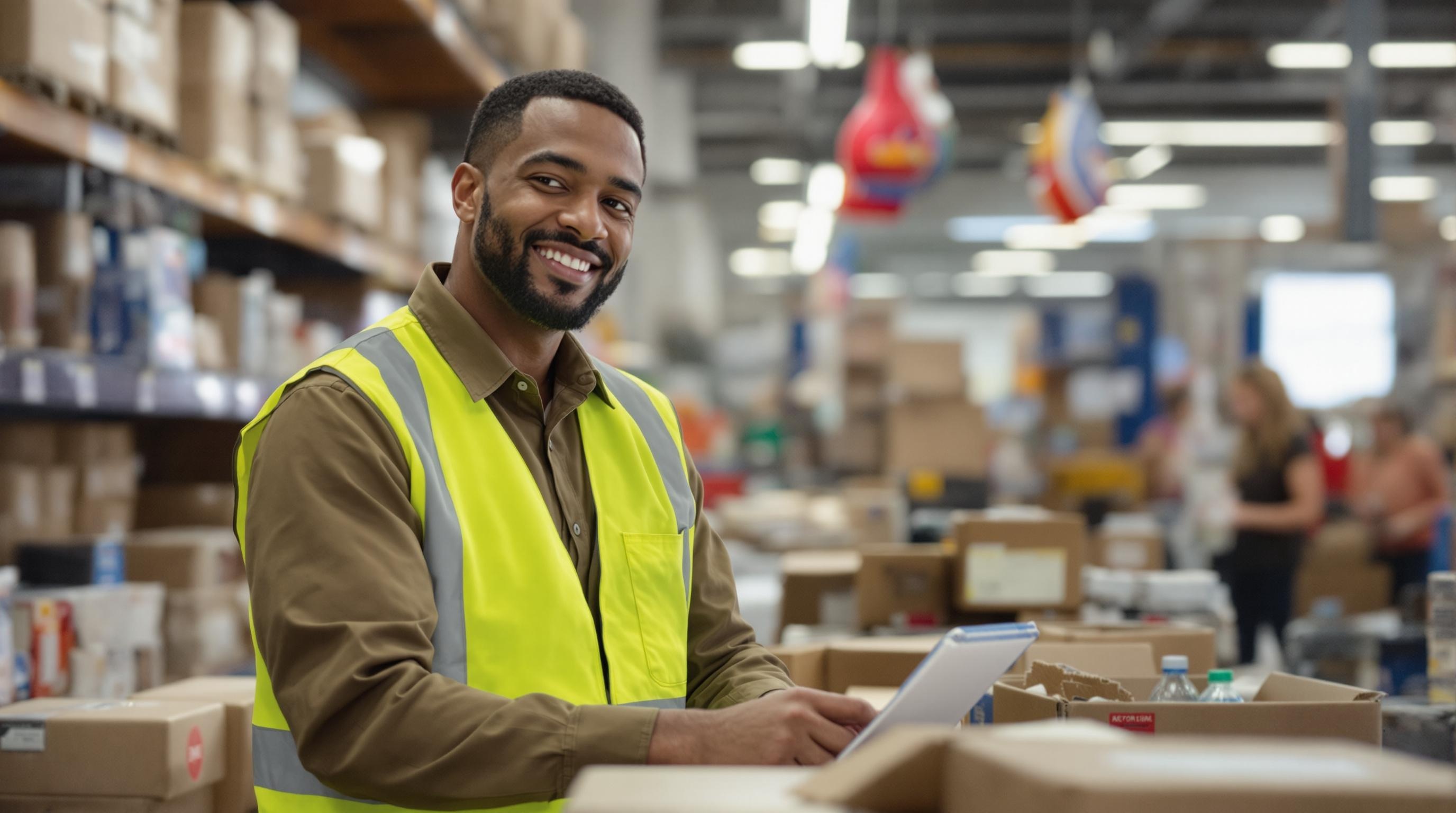 Diverse Big Box Retail Worker A candid photo of a diverse group of big box retail workers in their work environment, showcasing authenticity and inclusivity.