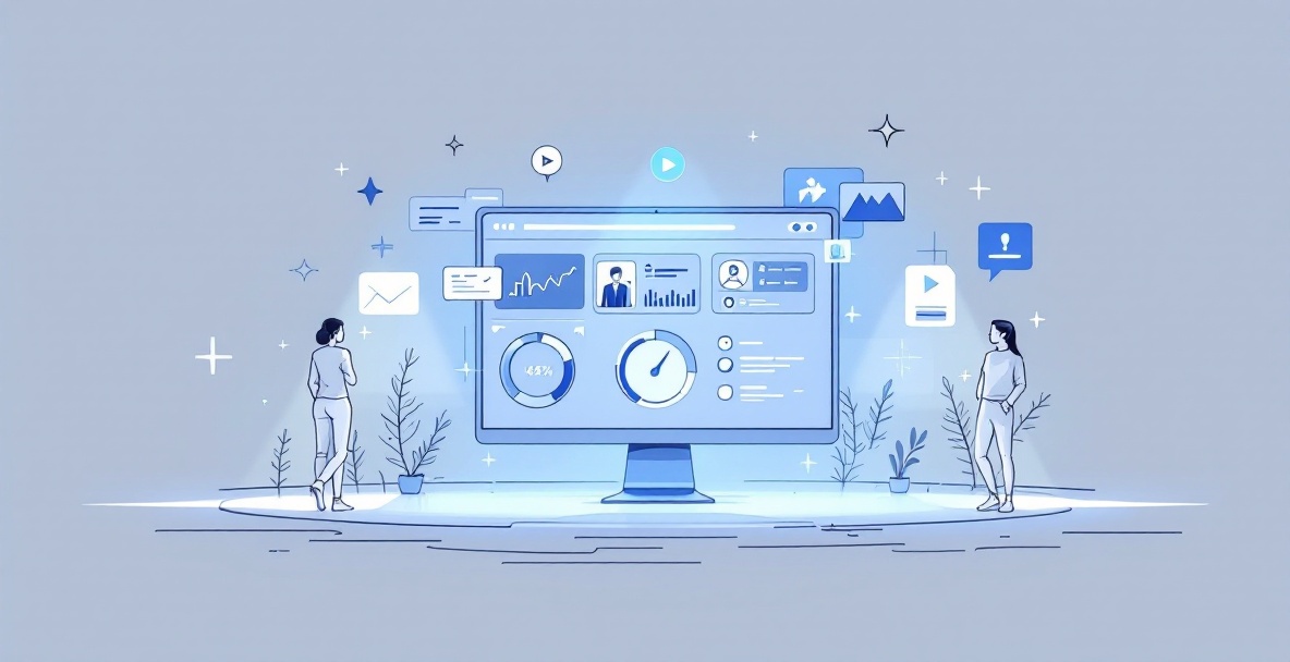 Minimalistic sketch of a digital marketing dashboard illustrating content personalization and high performance.