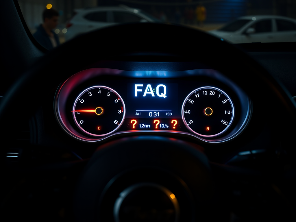 Create a realistic image of a Jeep Grand Cherokee dashboard with a digital display showing "FAQ" prominently, surrounded by five glowing question mark icons. The interior should be dimly lit, emphasizing the illuminated screen and icons, with a steering wheel and other dashboard controls visible in the background.