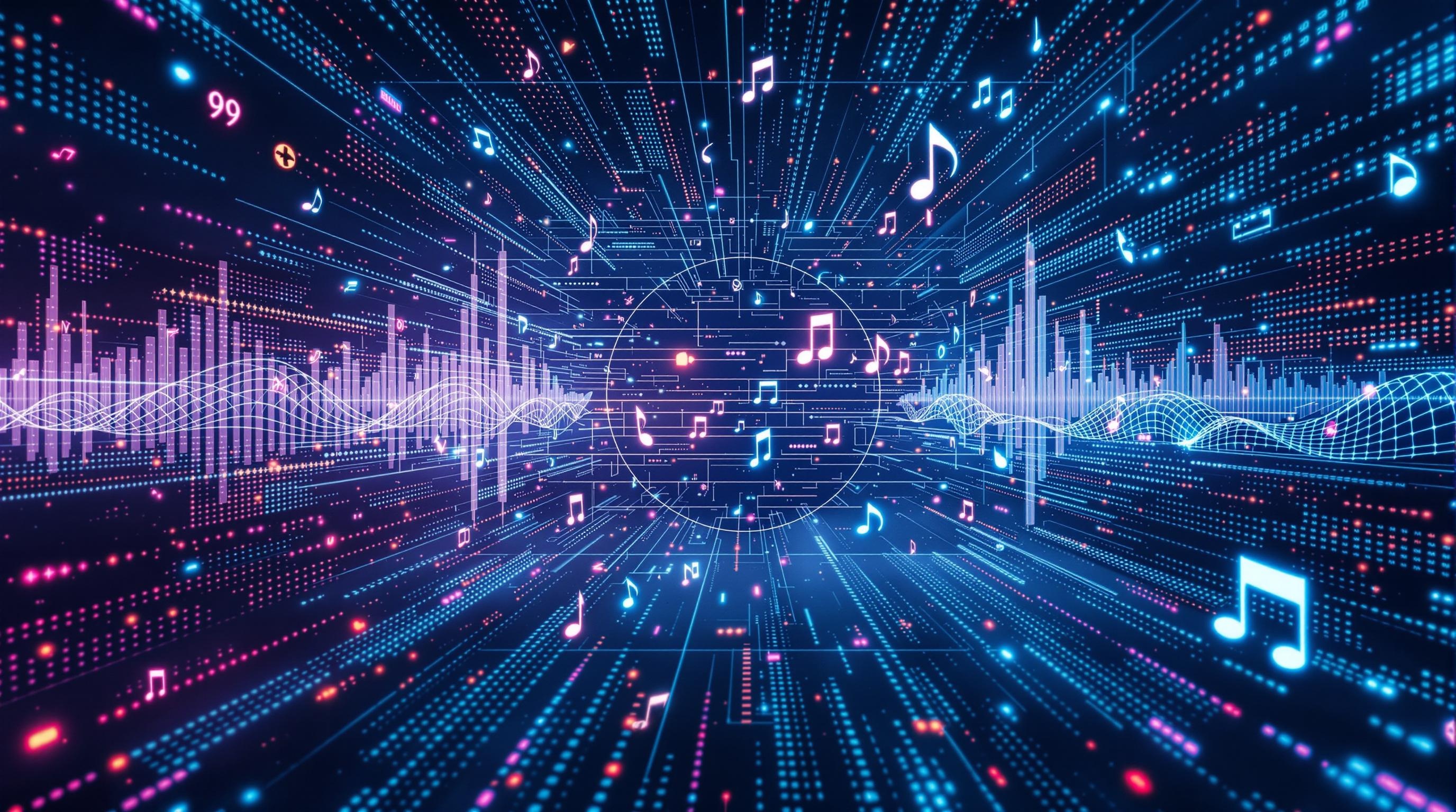 Collage of creative professionals and casual users using AI music tools, vibrant scenes of content creators, musicians, and educators interacting with digital music interfaces, dynamic and engaging, modern workspace environment, 16:9 aspect ratio