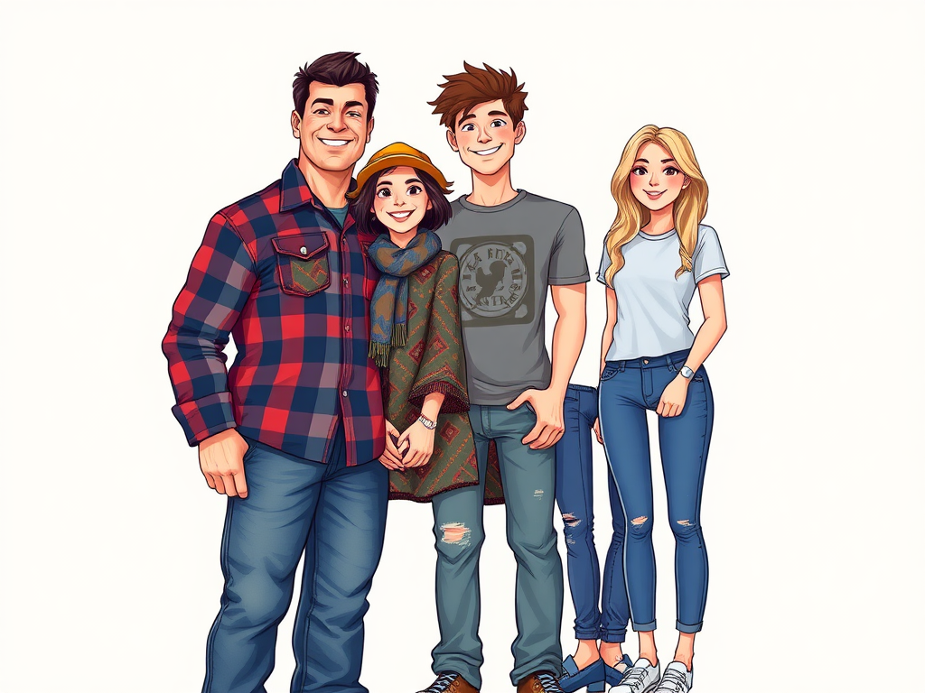 family image nuclear family (4 people)with a Mum, Dad, with young adult Son and Daughter in cartoon format Dad- tallest bigger build. age 50 small amount of dark receding hairline, builder. Wearing a checkered shirt and jeans. Mum: 50 years old, short and slightly bigger build, soft features, funky colorful clothing and a scarf with a hat; Son who is tall 2nd tallest in family, slim build age 20, casual clothing. Daughter; 3rd tallest, age 18, blonde/brown hair, jeans and t-shirt)