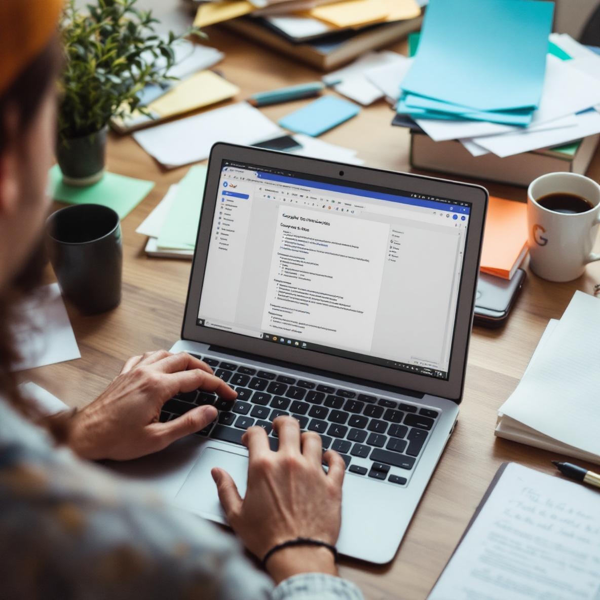 A person focused on their laptop screen, typing in Google Docs while surrounded by notes and a coffee cup, depicting the struggle of maintaining organization in a remote work environment.
