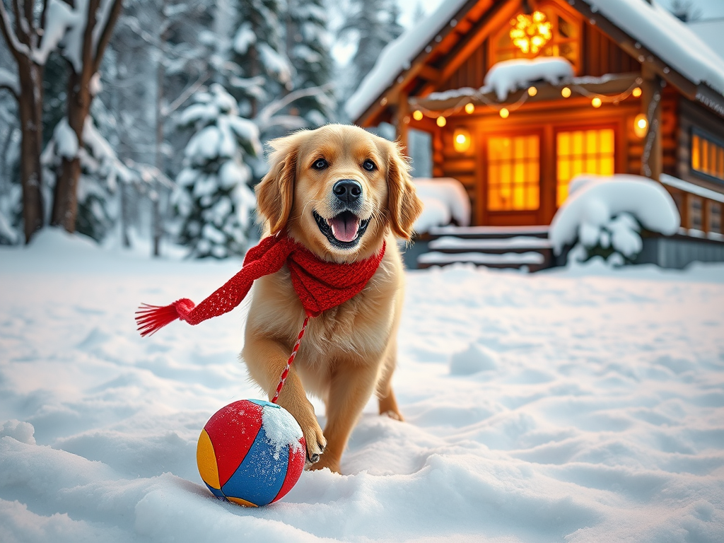 Create a realistic image of a happy golden retriever wearing a red winter scarf, playing in the snow with a colorful toy ball, surrounded by snow-covered trees and a cozy wooden cabin in the background, with warm golden light from the cabin's windows illuminating the snowy scene.