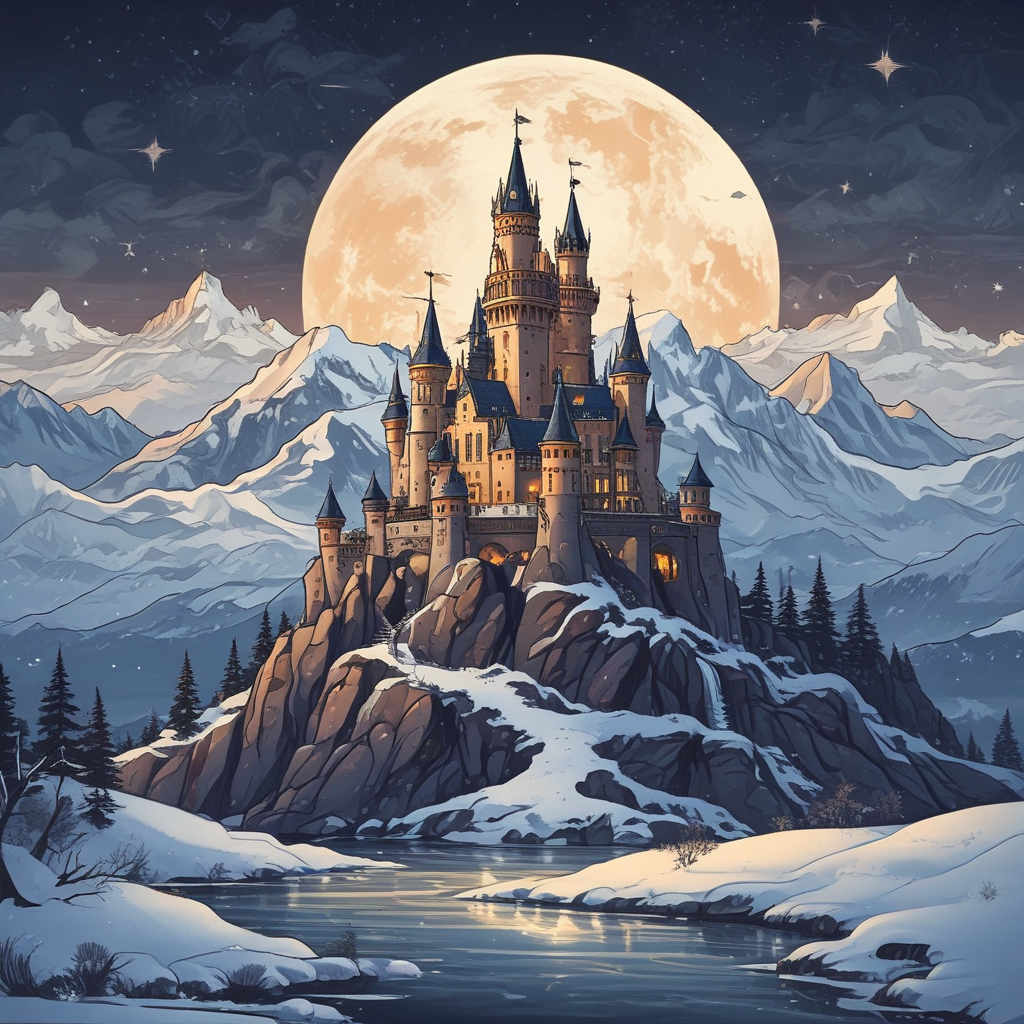 A majestic castle with towering spires, set against a backdrop of snow-capped mountains and a starry night sky.