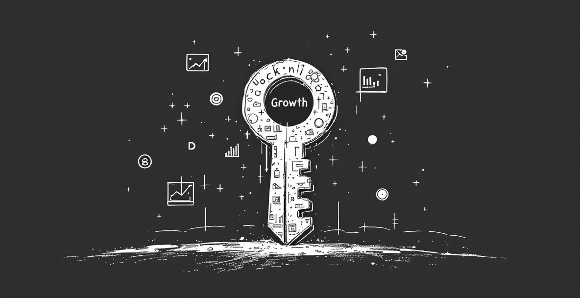 Minimalistic sketch of a key unlocking a growth-labeled door with digital marketing symbols.