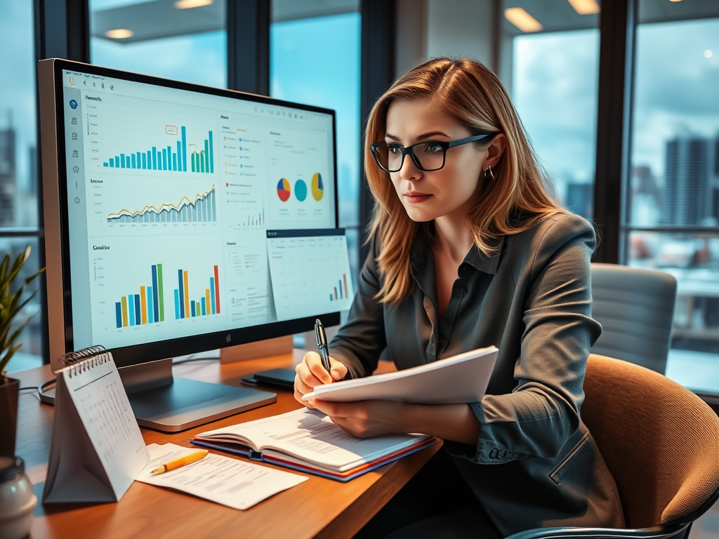 Create a realistic image of a white female professional sitting at a desk, reviewing charts and graphs on a computer screen and notebook, with a calendar and to-do list visible nearby, pen in hand, focused expression, warm office lighting, and a window showing a cityscape in the background, representing evaluation and adjustment of goals and plans.