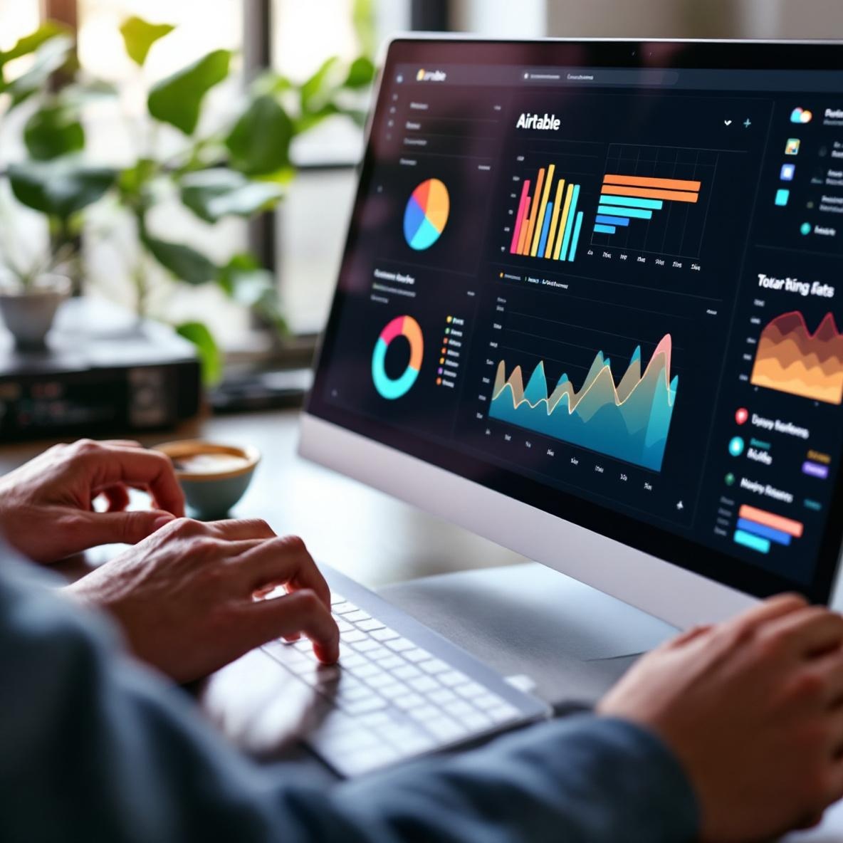 A person’s hands using a computer to create vibrant data visualizations in Airtable, focusing on colorful charts that effectively represent data analysis.