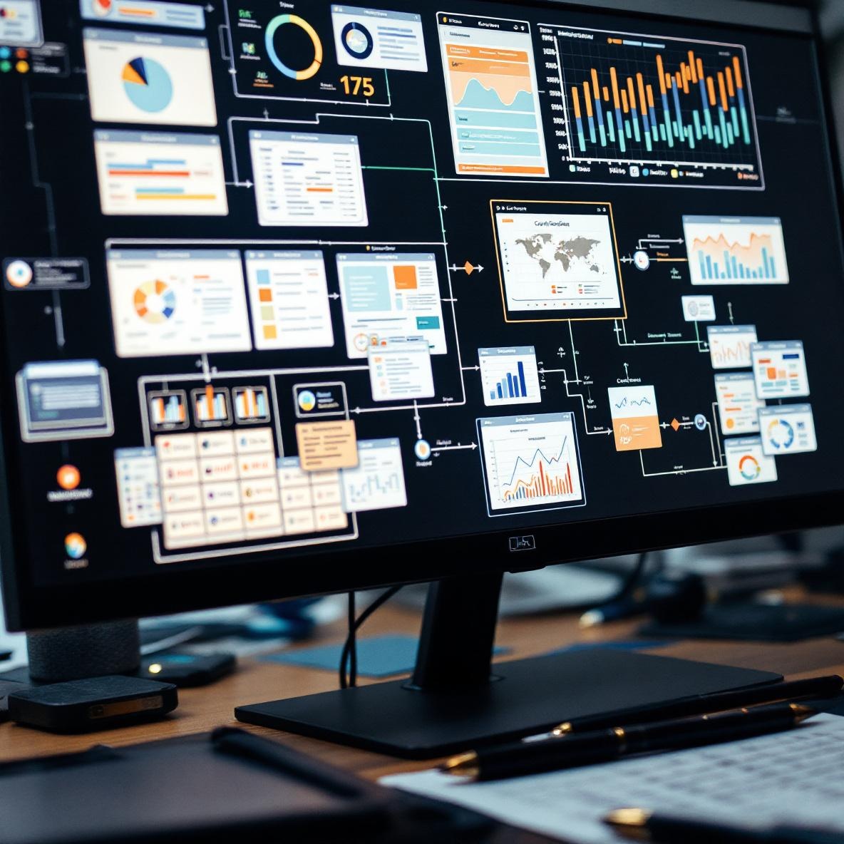 A detailed screen showing overlapping data streams and flowcharts, representing confusion in duplicated content pipelines. A cluttered desk in the background adds to the sense of disorganization.