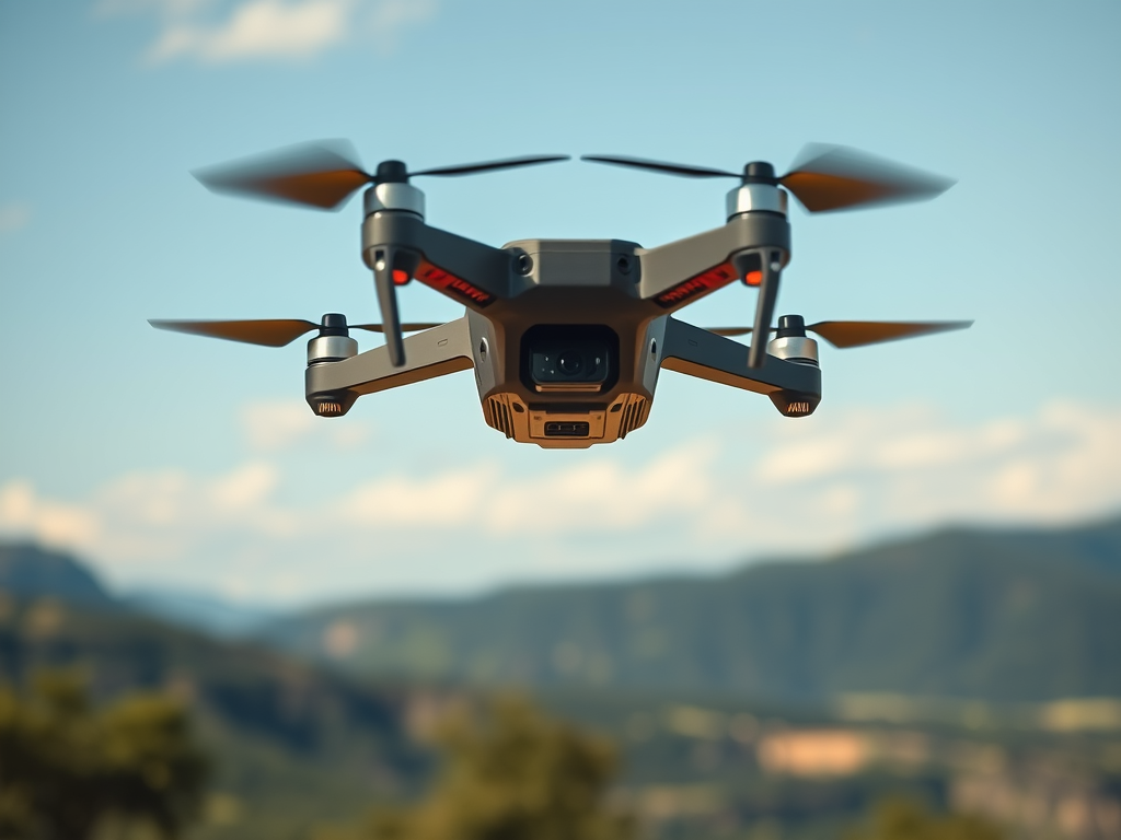 Create a realistic image of a small, sleek quadcopter drone hovering in mid-air against a scenic outdoor backdrop, with its camera pointed towards the viewer as if taking a selfie. The drone should have visible tracking sensors and a smartphone-like screen displaying a live preview of the shot.