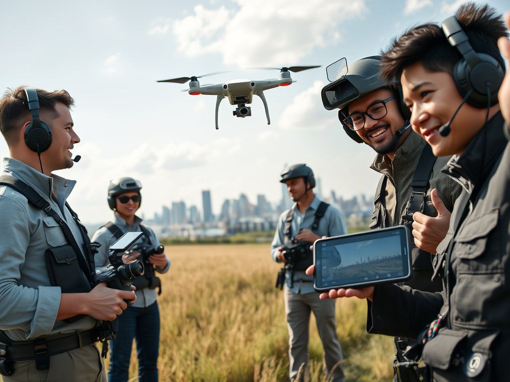 Create a realistic image of a diverse group of commercial drone pilots (including white male, black female, and Asian male) using selfie drones in an outdoor field setting, with some pilots operating drone controls while others pose for aerial selfies, surrounded by professional camera equipment and tablets displaying drone footage, with a cityscape visible in the distant background.