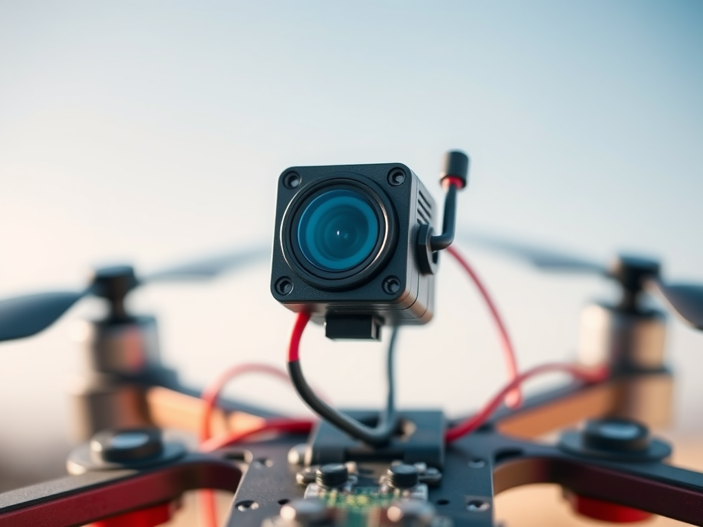 Create a realistic image of a small FPV (First Person View) camera mounted on a homemade drone frame, with visible wires connecting it to the drone's circuitry, against a blurred background of a clear blue sky, emphasizing the compact size and high-quality lens of the camera.