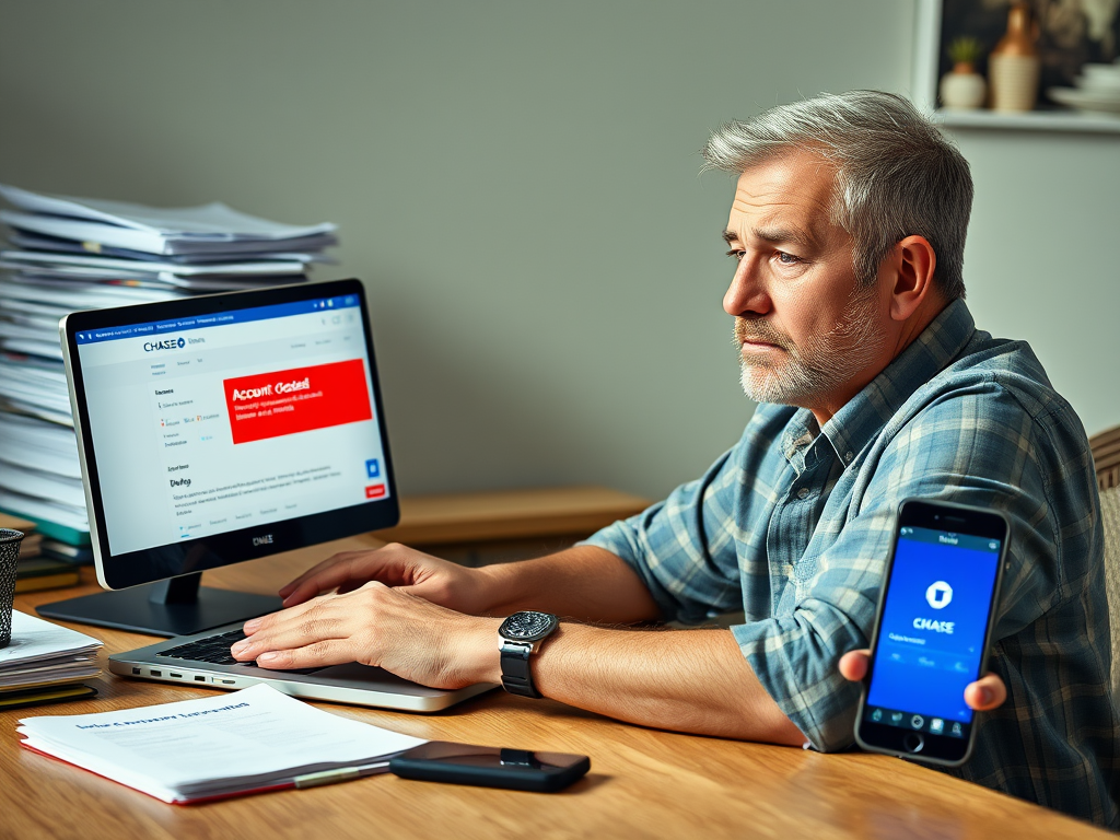 Create a realistic image of a white male in his 30s sitting at a desk, looking concerned while viewing a laptop screen displaying a Chase bank statement. The laptop screen also shows a red "Account Closed" notification. In the background, there's a stack of papers and a smartphone displaying the Chase mobile app.