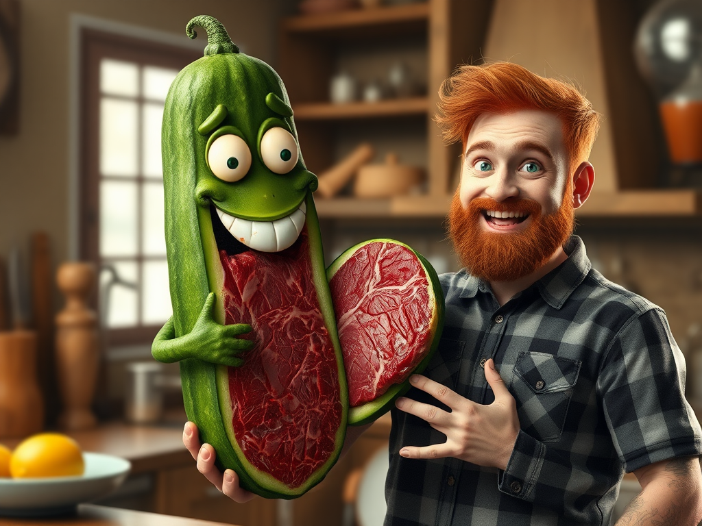 a smiling cucumber is cut open but instead of finding vegetable content it looks like a steak in the inside. A beardy man with red short hair smiling and holds this piece and will give it to another one as gift.