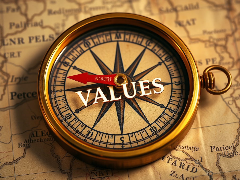 a compass with a red (north) arrow pointing towards the word values where North would be