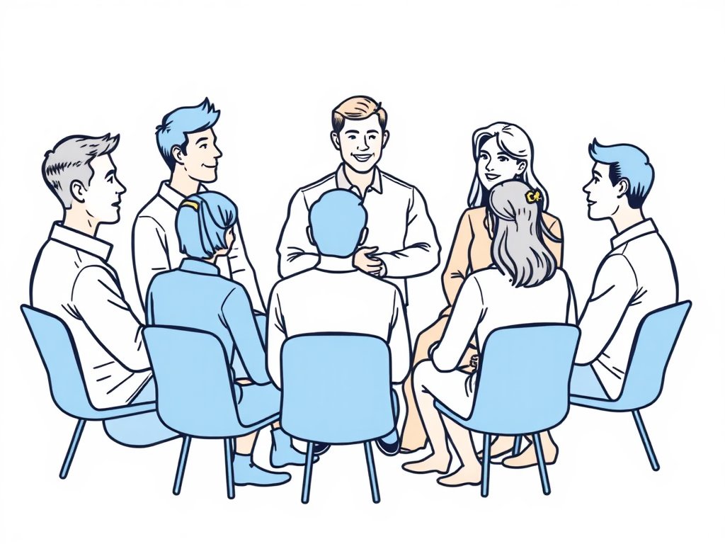 Support group image of a drawing (clipart) of 5-6 people (men and women) talking in a circle