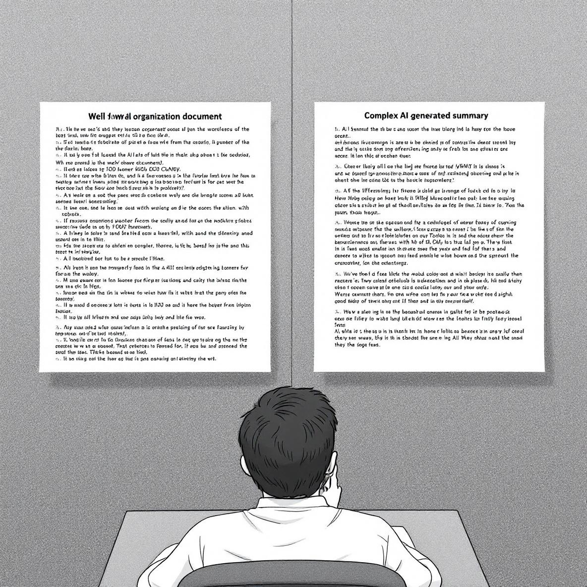 A person analyzing a well-structured document next to a complex AI-generated summary, highlighting the difficulties of relying solely on AI for effective information extraction.