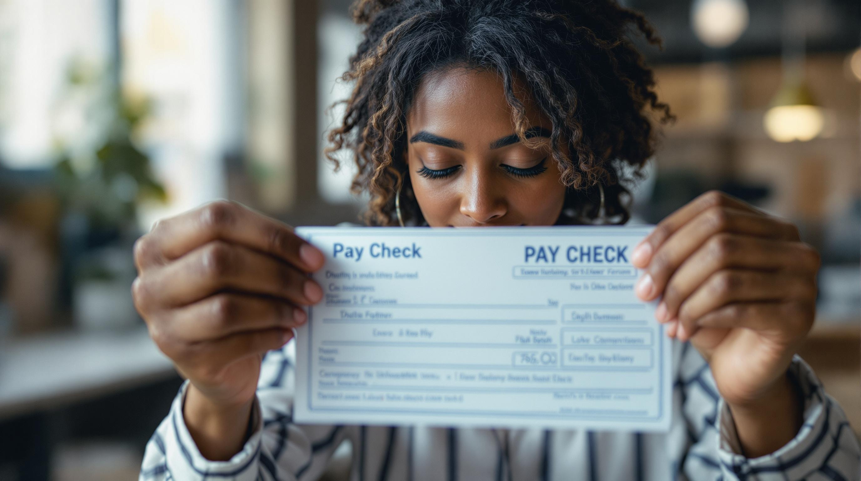 Employee Opening Pay Check An employee in a workplace setting opening their pay check and reading it with a look of concentration.